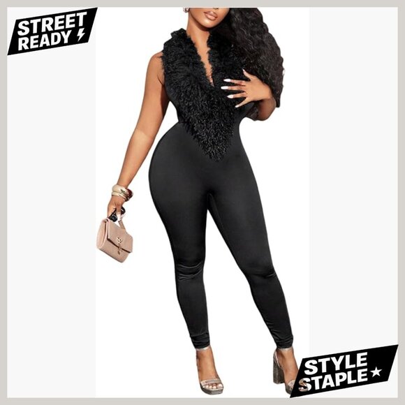 Fuzzy Halter Jumpsuit Sleeveless Backless Bodycon Romper Size Medium